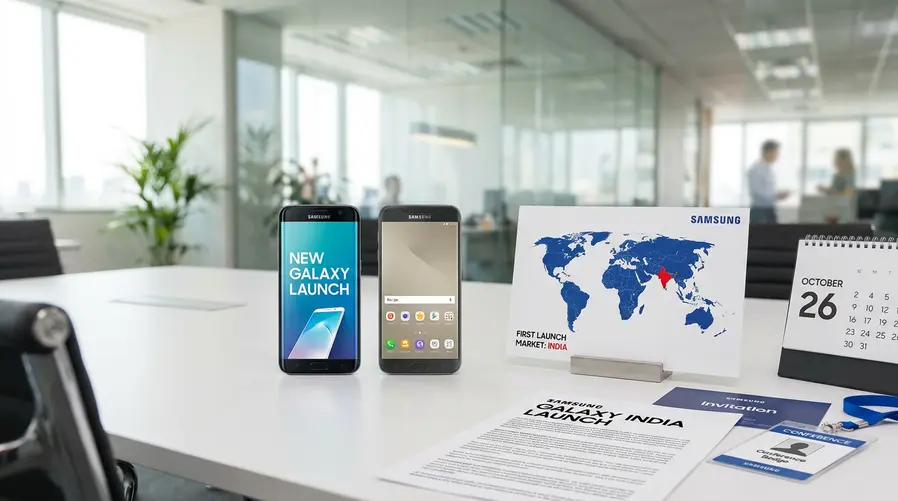Uma imagem com dois celulares Samsung lado a lado, em fundo limpo, acompanhados de um mapa simples destacando a Índia e pequenos elementos visuais de lançamentos de smartphone, para reforçar que essa seção explica por que o mercado indiano é o primeiro destino desses modelos.
