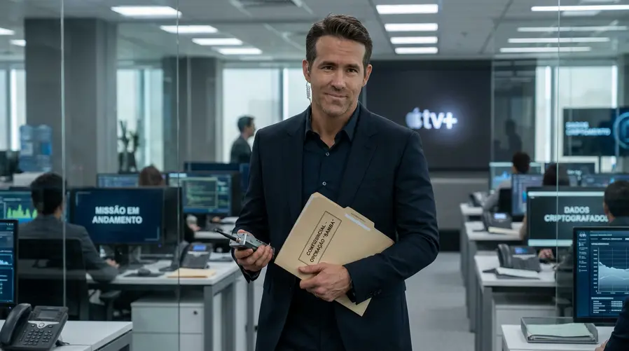 Uma imagem promocional do Ryan Reynolds em cena de ação com expressão irônica, segurando um equipamento de espionagem ou usando traje típico de agente, para reforçar a mistura de tensão e humor da seção sobre o apelo do elenco e da aposta da Apple TV+.