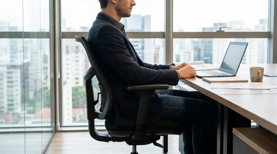 Uma imagem mostrando a cadeira LiberNovo Maxis sendo usada por uma pessoa alta em uma mesa de trabalho, com destaque visual para a posição dos braços, o apoio lombar e o assento mais profundo, sugerindo conforto em uso prolongado.