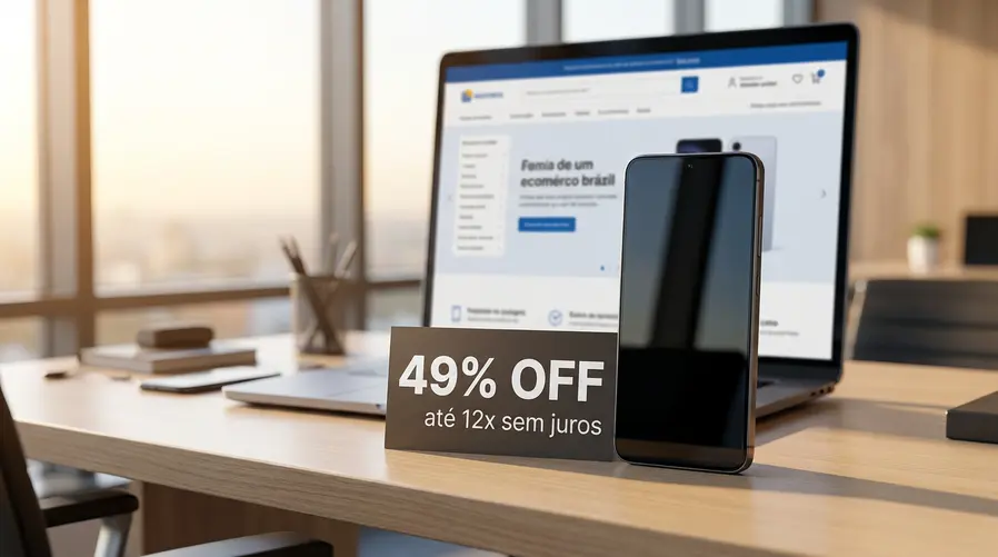 Um celular Galaxy S25 Plus em destaque ao lado de um selo visual de promoção com '49% OFF' e indicação de parcelamento em até 12x sem juros, como se estivesse em uma página de oferta da Amazon.