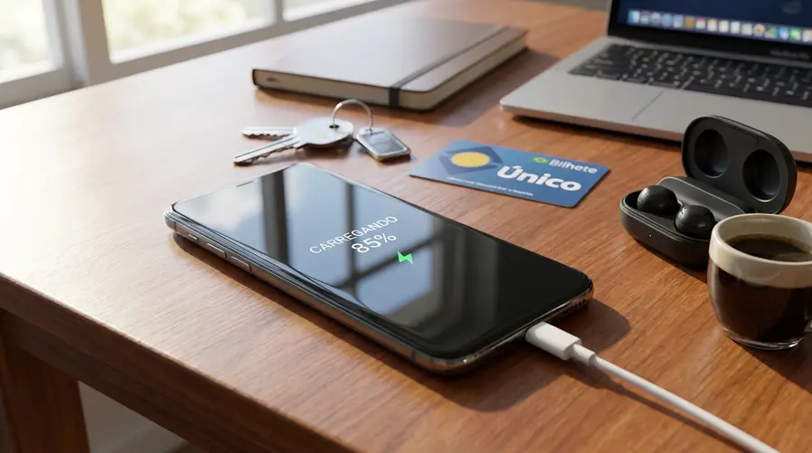 Uma cena de uso cotidiano mostrando um smartphone conectado ao carregador sobre uma mesa de casa ou escritório, com tela exibindo porcentagem de bateria subindo rapidamente e ao lado objetos que reforcem a rotina do consumidor brasileiro, como chaves, cartão de transporte, fones e um café, para ilustrar a ideia de ganhar tempo na tomada antes de sair.