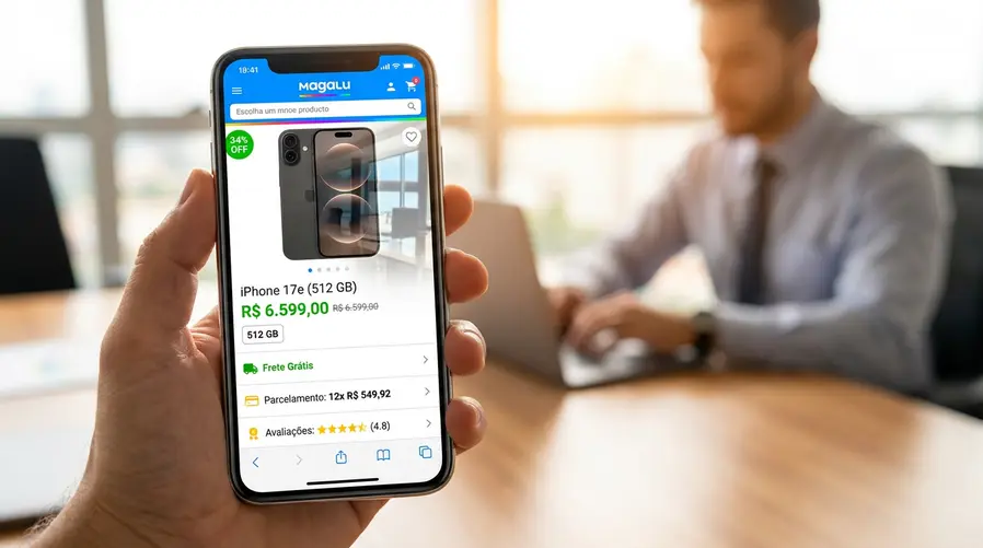 Uma imagem de tela de celular mostrando a página do produto no Magalu com o preço em destaque, o desconto de 34%, a informação de 512 GB e elementos visíveis de compra como frete, parcelamento e avaliação do produto, para ilustrar os pontos de checagem antes de comprar.