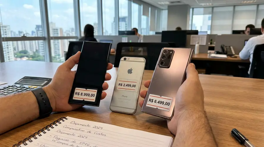 Uma composição mostrando um celular premium com etiqueta de preço alta em reais ao lado de um iPhone mais antigo e um smartphone Android topo de linha, reforçando a comparação de custo-benefício para o consumidor brasileiro.
