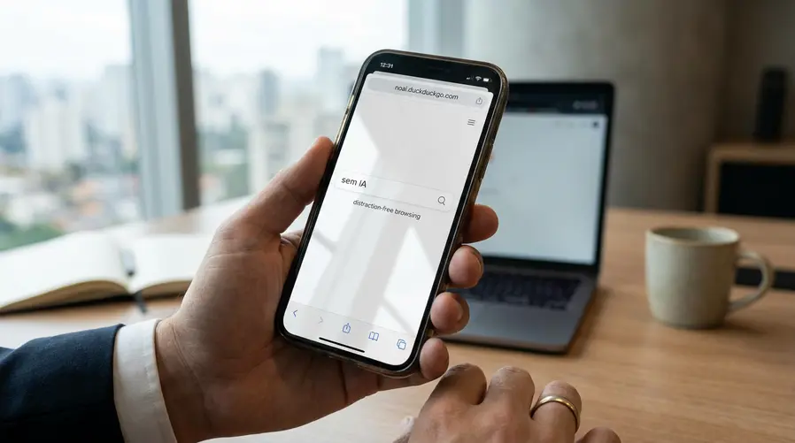 Uma captura de tela do site noai.duckduckgo.com em um celular, mostrando uma página de busca limpa, com pouca informação visual, reforçando a ideia de uma pesquisa sem IA e sem distrações.