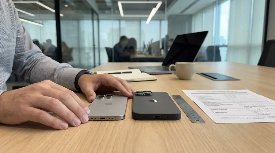 Uma comparação lateral entre um iPhone 17 Pro e um mockup do iPhone 18 Pro, destacando claramente a diferença de espessura no perfil do aparelho, como se fosse uma imagem de comparação técnica simples em cima de uma mesa, para ilustrar a ideia de 'mais grosso, porém mais útil'.