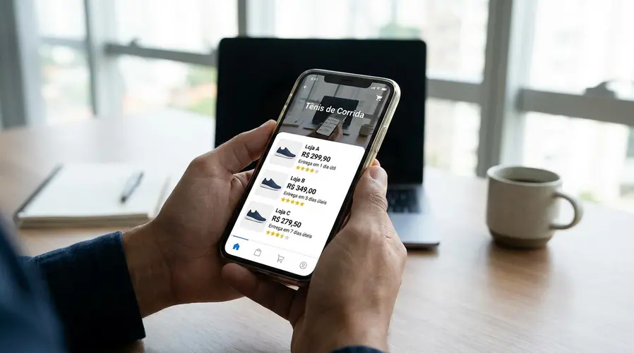 Uma composição com a tela de um app de compras no celular mostrando a mesma busca com vários vendedores diferentes, preços variados, prazos de entrega distintos e avaliações em destaque, para ilustrar que a comparação acontece dentro do próprio marketplace.