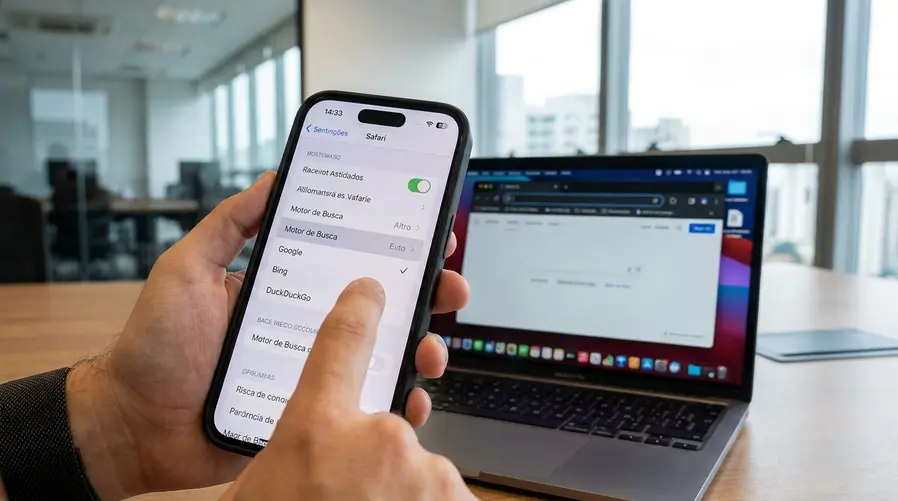 Uma tela de iPhone aberta nas configurações do Safari, mostrando a opção de mecanismo de busca padrão destacada, com um dedo prestes a tocar na lista de alternativas. Ao fundo, um MacBook com o navegador aberto reforça que a escolha vale para o ecossistema Apple.