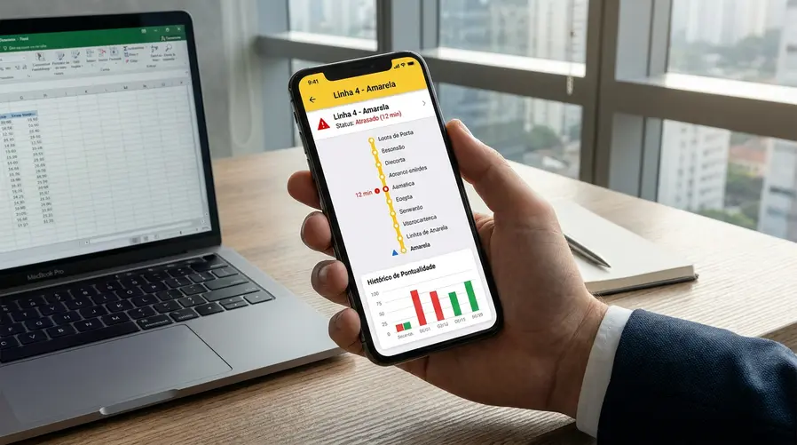 A imagem deve mostrar uma tela do app com uma rota de transporte público aberta e um destaque visual para informação de atraso/pontualidade, como alertas em tempo real ou histórico de performance de uma linha, para ilustrar a ideia de decidir se vale sair agora ou esperar o próximo veículo.