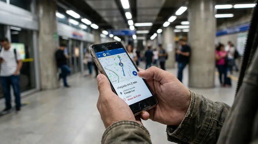 Uma tela do app mostrando um mapa de transporte com uma linha de ônibus ou metrô em movimento, horários estimados de chegada e um painel com informações de atraso ou próxima parada, para ilustrar a promessa de rastreamento ao vivo e dados em tempo real.