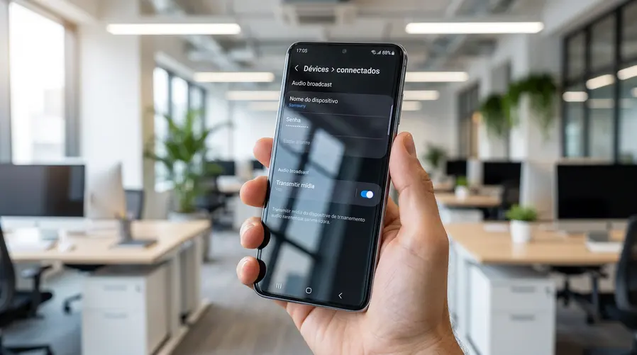 Tela do Galaxy em Settings > Connected devices > Audio broadcast, mostrando claramente a opção aberta, os controles para nome do dispositivo, senha e a escolha entre transmitir mídia ou voz.