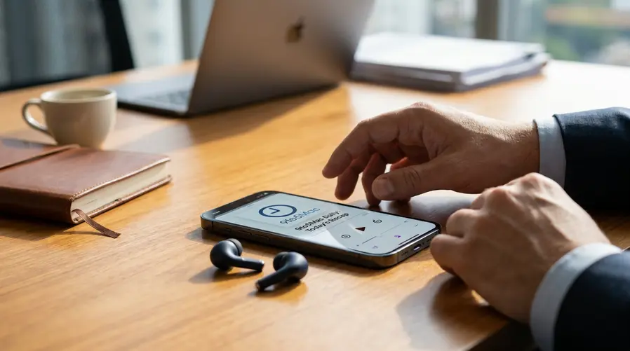 Uma imagem de destaque do episódio/podcast com visual limpo de áudio e identidade do 9to5Mac Daily, preferencialmente mostrando o card do episódio e elementos que comuniquem 'resumo do dia' no celular, como fones de ouvido e a tela de um app de podcasts.