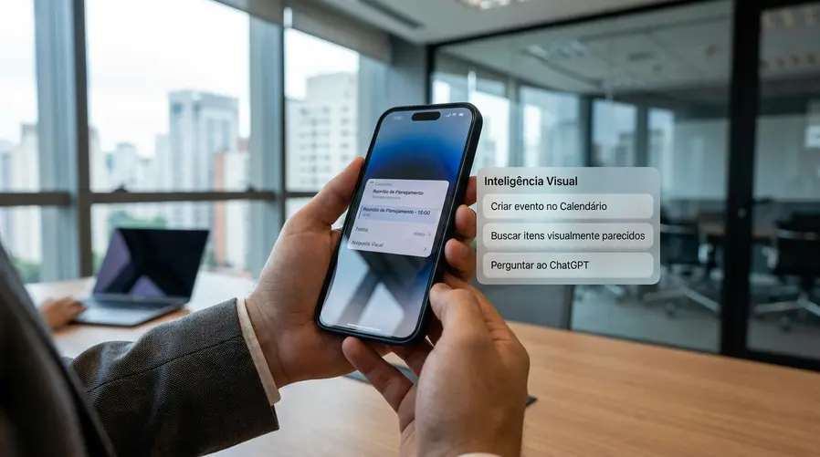 Uma captura de tela do iPhone mostrando a Visual Intelligence reconhecendo conteúdo em uma screenshot, com um menu de ações visível ao lado: criar evento no Calendário, buscar itens visualmente parecidos e fazer perguntas ao ChatGPT. A imagem deve deixar claro que o recurso já age sobre o que aparece na tela, não apenas identifica objetos.