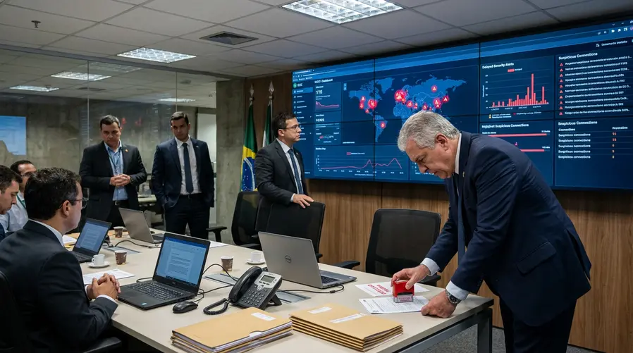 Uma ilustração editorial de um painel de monitoramento de segurança com alertas atrasados, mapas de rede e um carimbo visual de 'detecção tardia', mostrando autoridades olhando relatórios enquanto várias conexões suspeitas já aparecem ativas no sistema.