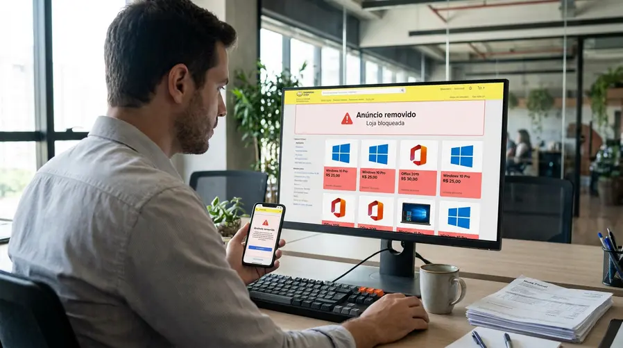Uma tela de marketplace em um computador ou celular mostrando anúncios de licenças de Windows com preço muito abaixo do mercado, ao lado de um aviso de remoção da oferta ou bloqueio da loja, para ilustrar a punição aos vendedores irregulares.