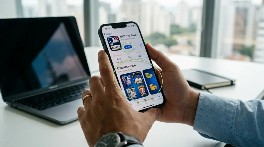 Um celular exibindo a página do jogo na App Store com o selo de gratuito visível, acompanhado de um destaque visual para as compras dentro do app e a indicação de conteúdo com itens aleatórios, reforçando o contraste entre baixar de graça e o modelo de monetização.