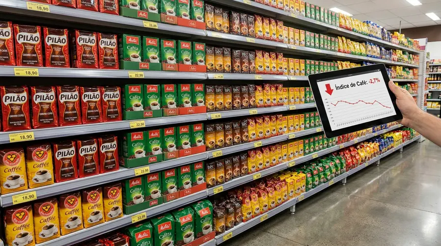 Uma gôndola de supermercado com pacotes de café moído com etiquetas de preço visíveis, ao lado de uma pequena comparação visual mostrando o recuo de 2,7% no índice versus o preço ainda alto na prateleira.