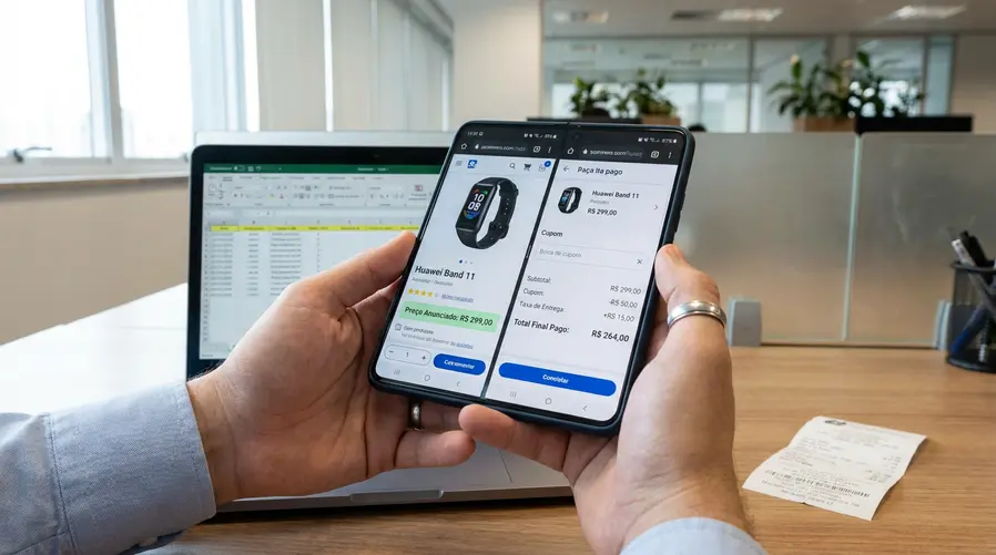 Uma tela de celular mostrando o mesmo item de compra online em duas plataformas diferentes, com preços finais distintos no carrinho e destaque para cupom, taxa de entrega e subtotal. A imagem deve evidenciar a diferença de valor entre 'preço anunciado' e 'preço final pago'.
