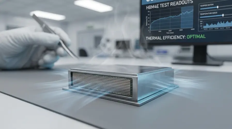 Uma imagem do chip HBM4E em close, destacando a pilha de 12 camadas e a aparência de um componente de memória de alta performance, de preferência com uma indicação visual discreta de fluxo de calor ou eficiência térmica para reforçar a ideia de mais desempenho com menos aquecimento.