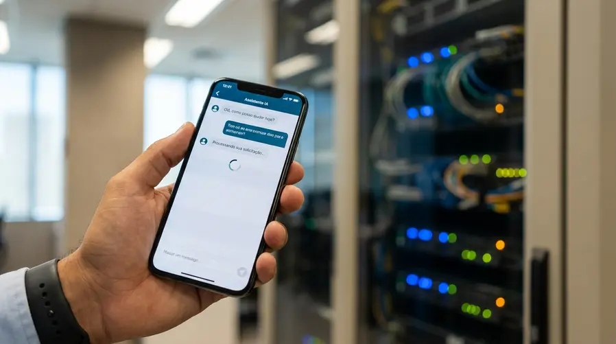 Uma imagem mostrando um celular com um app de IA aberto e, ao fundo, um data center ou servidores discretos em operação, para reforçar que o tema é a infraestrutura por trás do serviço — não um novo aparelho ou recurso visível para o usuário.
