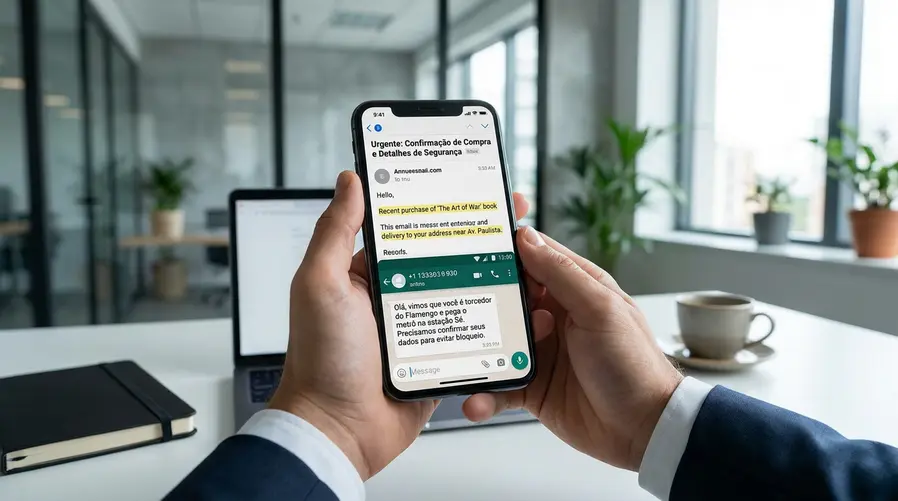 Uma tela de celular mostrando uma tentativa de golpe por e-mail ou mensagem, com elementos visuais destacando que a abordagem usa informações pessoais como interesses, compras recentes ou rotina da vítima para parecer convincente.