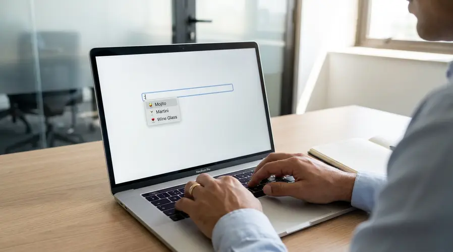 Capturar a interface do Mojito surgindo ao lado do cursor em um campo de texto, com o usuário digitando dois-pontos e uma lista curta de sugestões de emojis aparecendo imediatamente sem abrir nenhuma janela separada.