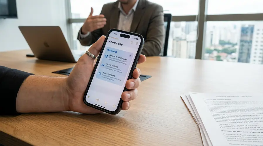 Uma imagem mostrando a tela de um iPhone com a interface de um app nativo da Apple aberta ao lado de uma área destacada sugerindo funções de IA, como resumo de notificações, escrita assistida ou busca inteligente, para ilustrar como a novidade pode aparecer no uso diário do aparelho.