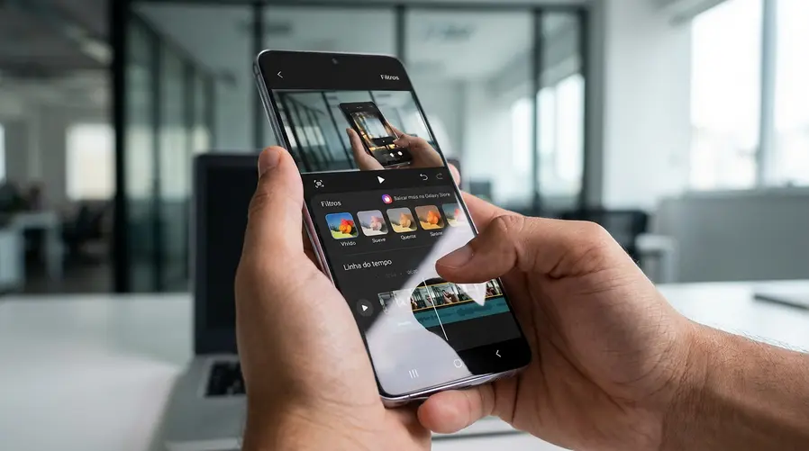 A tela do editor de vídeo da Samsung mostrando a galeria de filtros disponíveis, com uma fileira de filtros nativos e a opção de rolar até o Galaxy Store para baixar mais, deixando claro que o filtro saiu da câmera e foi para a edição.