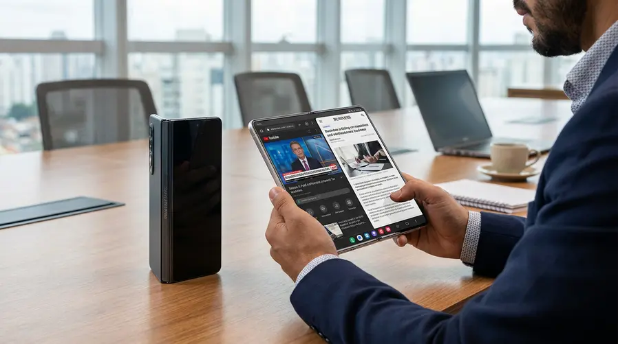 Uma comparação visual entre um Fold tradicional fechado e uma silhueta mais curta e larga do suposto Galaxy Z Fold 8 Wide aberto, destacando a diferença de proporção da tela interna e mostrando a ideia de uso em modo mini-tablet, como assistir vídeo ou ler conteúdo em tela dividida.