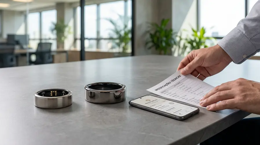 Uma comparação visual lado a lado de dois smart rings em destaque, com foco no tamanho e acabamento: de um lado o Oura Ring 5 mostrando o corpo mais compacto e fino, e do outro um Galaxy Ring ao lado para evidenciar a diferença de proposta. A imagem deve sugerir a ideia de 'mais leve, menor e com novos sensores', não apenas mostrar um anel genérico.
