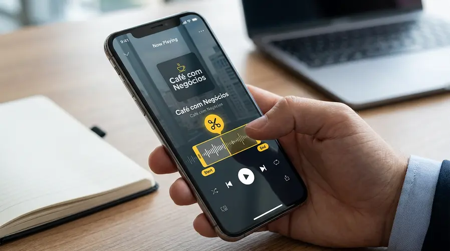 Um celular com a tela do Spotify aberta no modo Now Playing de um podcast, mostrando claramente o ícone de tesoura destacado e um trecho selecionado com início e fim marcados, como se o usuário estivesse cortando uma frase específica para salvar.