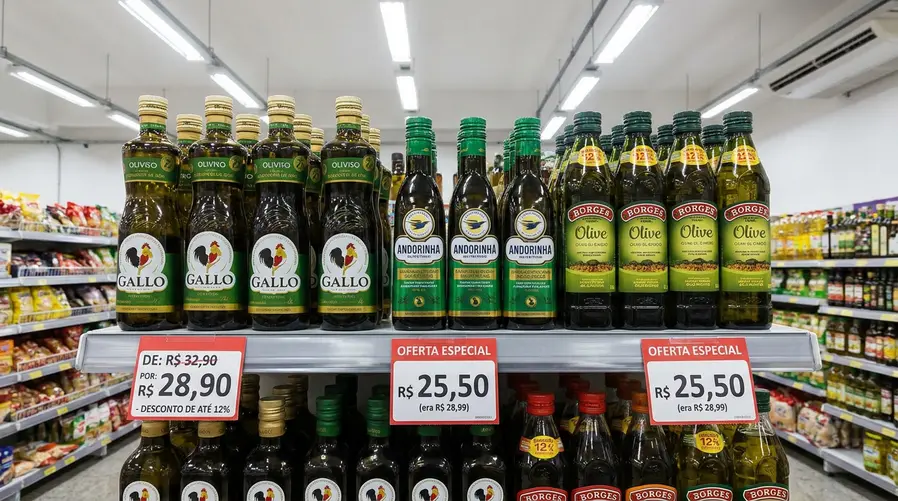 Uma foto de gôndola de supermercado no Brasil com garrafas de azeite em destaque, mostrando etiquetas de preço legíveis e, se possível, uma diferença visual entre preços antigos e novos para sugerir a queda de até 12%.