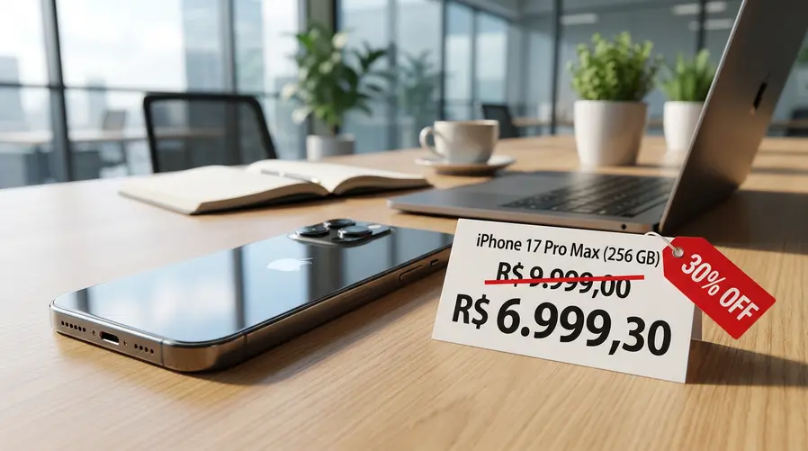 Uma imagem mostrando o iPhone 17 Pro Max com destaque para o preço promocional e a etiqueta de desconto de 30%, em um contexto de comparação visual simples com o preço anterior riscado e o novo valor em evidência.