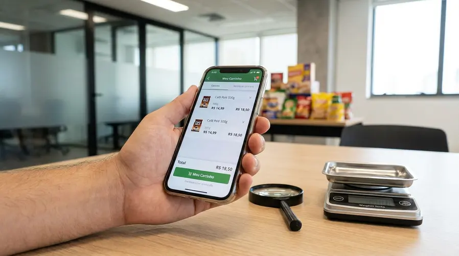 Uma tela de app de supermercado com dois preços diferentes aparecendo para o mesmo produto no carrinho, ao lado de uma ilustração discreta de lupa e balança, para reforçar a ideia de teste de precificação e falta de transparência.