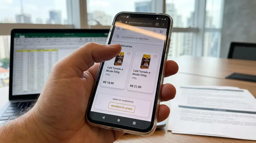 Uma captura de tela estilizada de um app de supermercado com o mesmo produto aparecendo em dois preços diferentes, lado a lado, com um destaque visual na área de 'detalhes do preço' ou 'teste em andamento' para ilustrar a falta de transparência discutida na seção.
