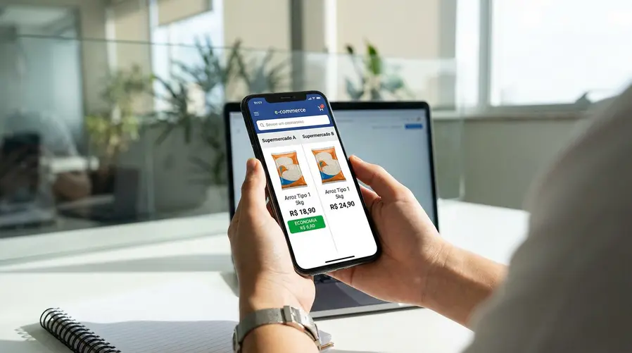 Uma tela de celular mostrando dois carrinhos de compra online lado a lado, com o mesmo item básico aparecendo com preços bem diferentes em supermercados distintos, destacando visualmente a economia possível na comparação.