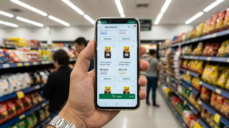 Uma tela de app de supermercado com o mesmo item sendo exibido em duas ou três variações de preço, lado a lado, destacando a diferença entre os valores e sugerindo a ideia de teste algorítmico; a imagem deve parecer uma captura ilustrativa de compra no celular, não um anúncio de marca.