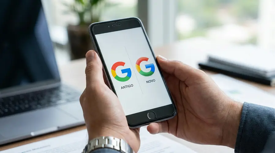 Uma comparação lado a lado entre o ícone antigo do Google e o novo ícone em gradiente, em uma tela de celular, com destaque visual para as diferenças de cor e acabamento para o leitor perceber exatamente o que mudou.