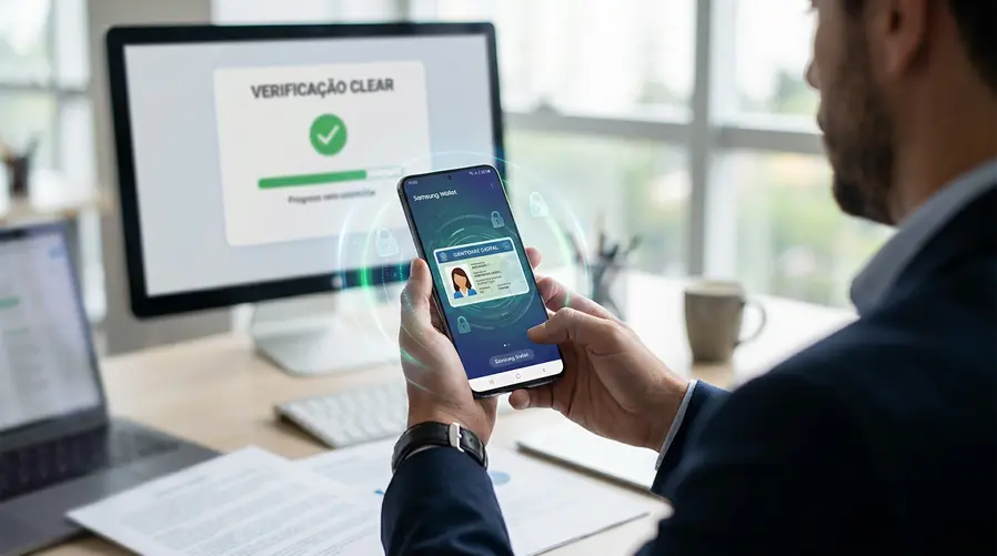 Um Galaxy aberto no Samsung Wallet exibindo a área de ID digital, com elementos visuais de criptografia/segurança ao redor e, ao fundo, a tela de verificação da CLEAR; a cena deve sugerir que há duas camadas de processamento de dados, sem mostrar propaganda explícita de marca.