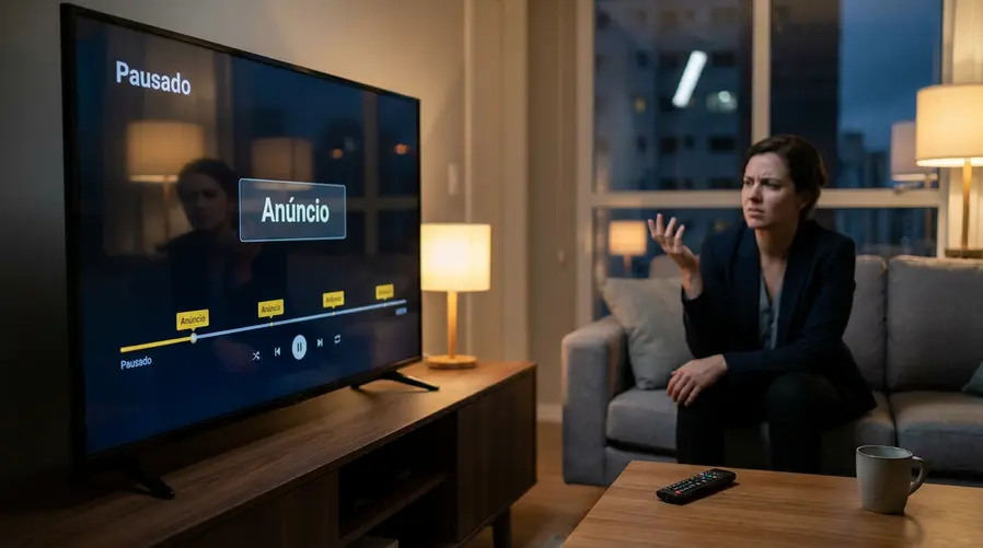 Uma tela de smart TV ou celular exibindo um episódio de série com um bloco de anúncio destacado no meio da reprodução, acompanhado de elementos visuais que indiquem repetição de interrupções, como pequenas barras de publicidade ao redor da interface.