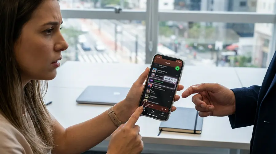 Uma tela de app de streaming em um celular mostrando uma playlist com faixas, enquanto um destaque visual aponta para uma música marcada como gerada por IA e outra como feita por artista humano, ilustrando a confusão que a seção explica.