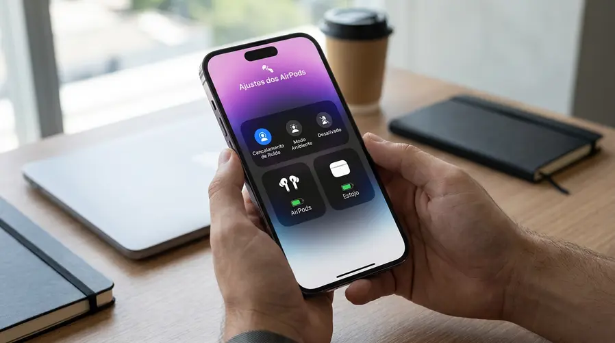 Tela de um iPhone mostrando a página de ajustes dos AirPods com botões e opções reorganizados de forma mais limpa, destacando os controles de cancelamento de ruído, modo transparência e bateria em blocos mais visíveis e fáceis de tocar.