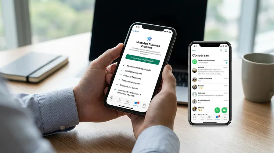 Captura de tela do WhatsApp no celular mostrando a área de configurações/assinatura com a indicação de recursos extras do plano pago, ao lado da interface do app usada normalmente para mensagens e chamadas, reforçando visualmente a diferença entre o que é gratuito e o que entra no pacote opcional.