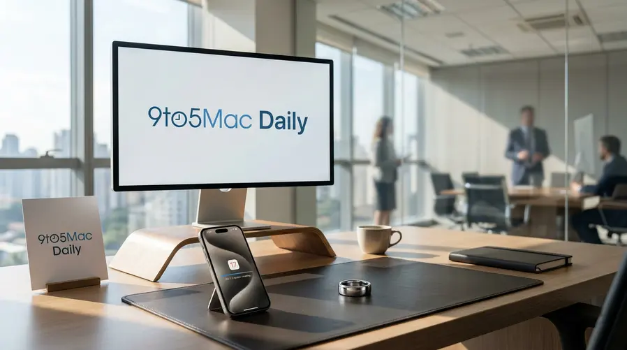Uma arte simples de episódio/podcast com o nome '9to5Mac Daily' em destaque, acompanhada por elementos visuais que remetam aos dois assuntos do dia: um iPhone exibindo uma tela de atualização de iOS e um anel inteligente estilo wearable ao lado, para mostrar visualmente que a seção trata do resumo dos temas principais do episódio.