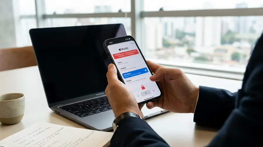 Uma imagem mostrando a tela de assinatura do Apple Music com destaque visual para opções de plano e um elemento de alerta ou sinalização sobre limitações, como ícones de pular faixa bloqueado ou texto de acesso premium, para ilustrar o que pode mudar na experiência do assinante.