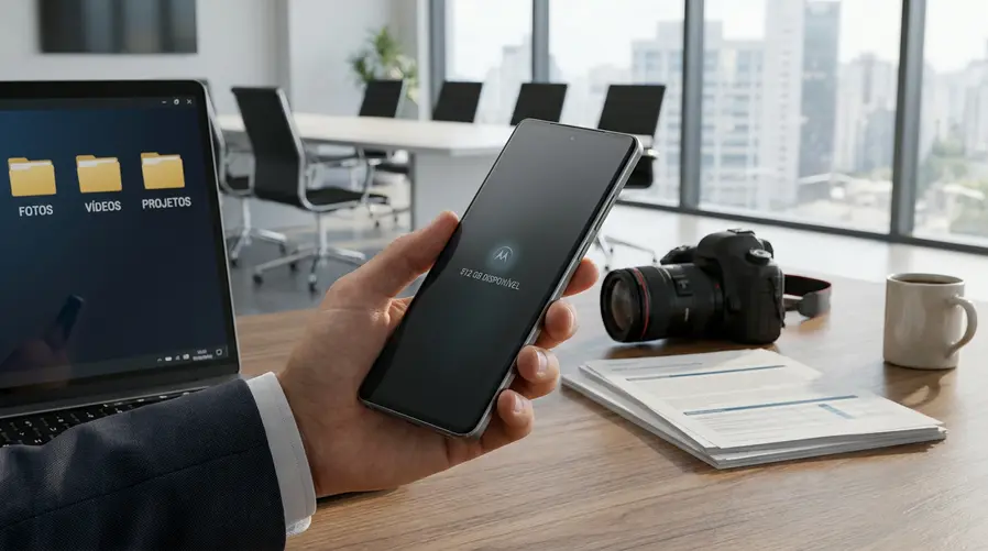Uma foto do Motorola Edge 70 com foco na lateral e na traseira, acompanhada de uma composição visual que destaque a capacidade de 512 GB na tela do aparelho ou em um balão gráfico discreto, para reforçar a ideia de espaço interno grande para fotos, vídeos e apps.