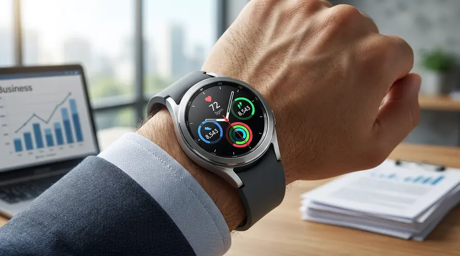 Uma imagem do Galaxy Watch 8 no pulso mostrando a tela acesa com mostradores de saúde, como batimentos e passos, para reforçar visualmente os recursos de monitoramento e a tela brilhante da seção.