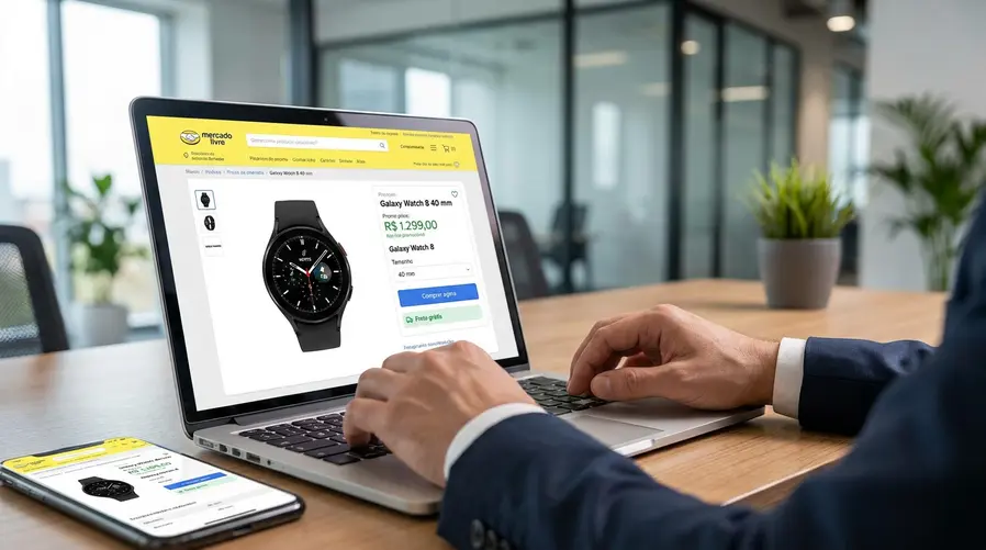 Uma captura da página do produto no Mercado Livre mostrando o Galaxy Watch 8 de 40 mm com o preço promocional em destaque, junto de elementos visíveis como o nome do modelo, a variação de tamanho e a indicação de compra/entrega, para reforçar o alerta de conferência antes de finalizar a compra.