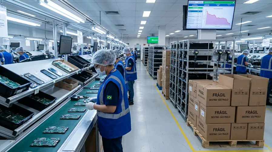 Uma imagem de linha de produção da Samsung com funcionários e esteiras de montagem de smartphones e chips, acompanhada de caixas de envio e componentes eletrônicos, para ilustrar o risco de interrupção no abastecimento e na logística.