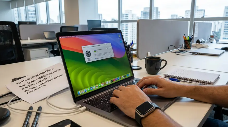 Uma captura de tela de um Mac com a janela de atualização do macOS aberta ao lado de um alerta visual de segurança, sugerindo que a seção vai explicar se o risco atinge versões específicas do sistema e o que o usuário deve observar.
