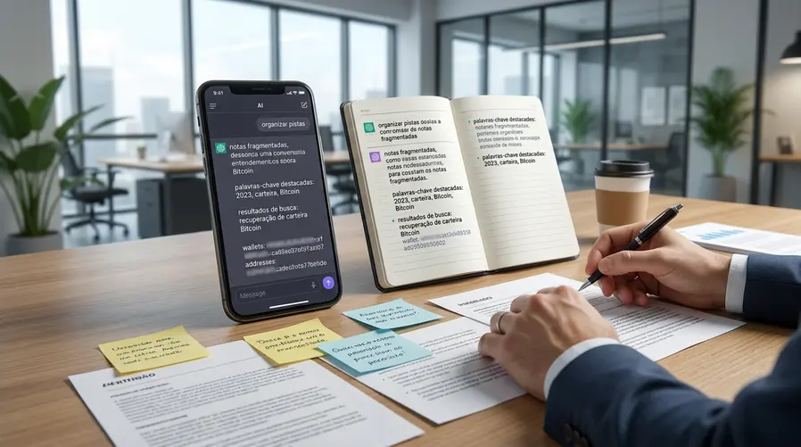 Uma imagem de celular ou notebook com a interface de uma conversa com IA aberta, mostrando pistas fragmentadas sobre uma carteira de Bitcoin, anotações destacadas na tela e um clima de investigação digital — para ilustrar o uso do Claude como ferramenta de organização e busca de informações na recuperação.